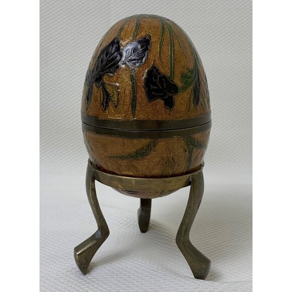 Vintage Brass Enamel Egg Cloisonne Trinket Box With Stand Hummingbird Flowers - Picture 5 of 16